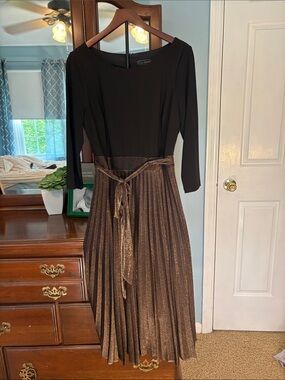 Jessica Howard Black Top with Metallic Brown Pleated Skirt Dress